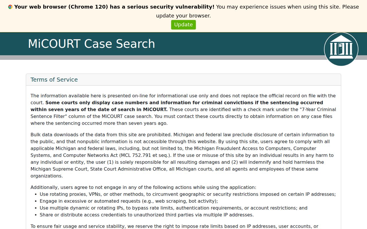 MiCOURT public case search notice used for Barry County warrant records checks