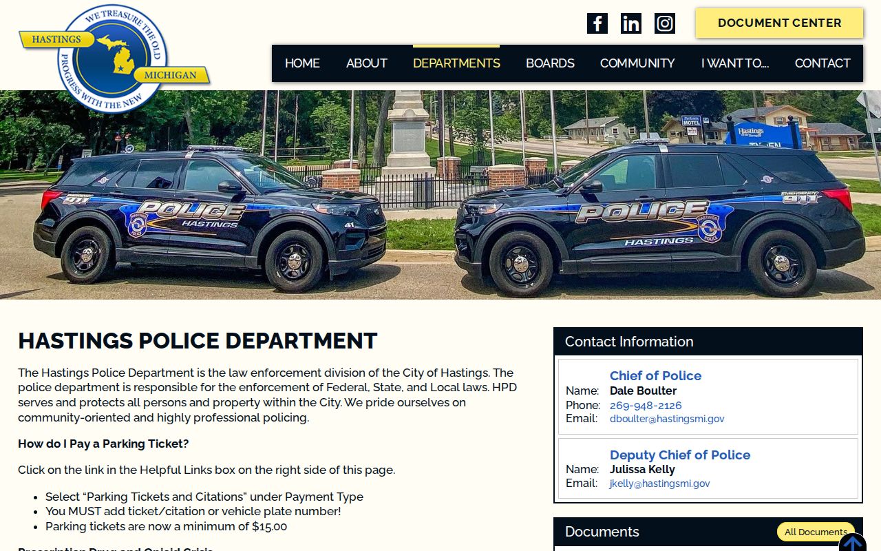 Hastings Police Department page for citation and report questions