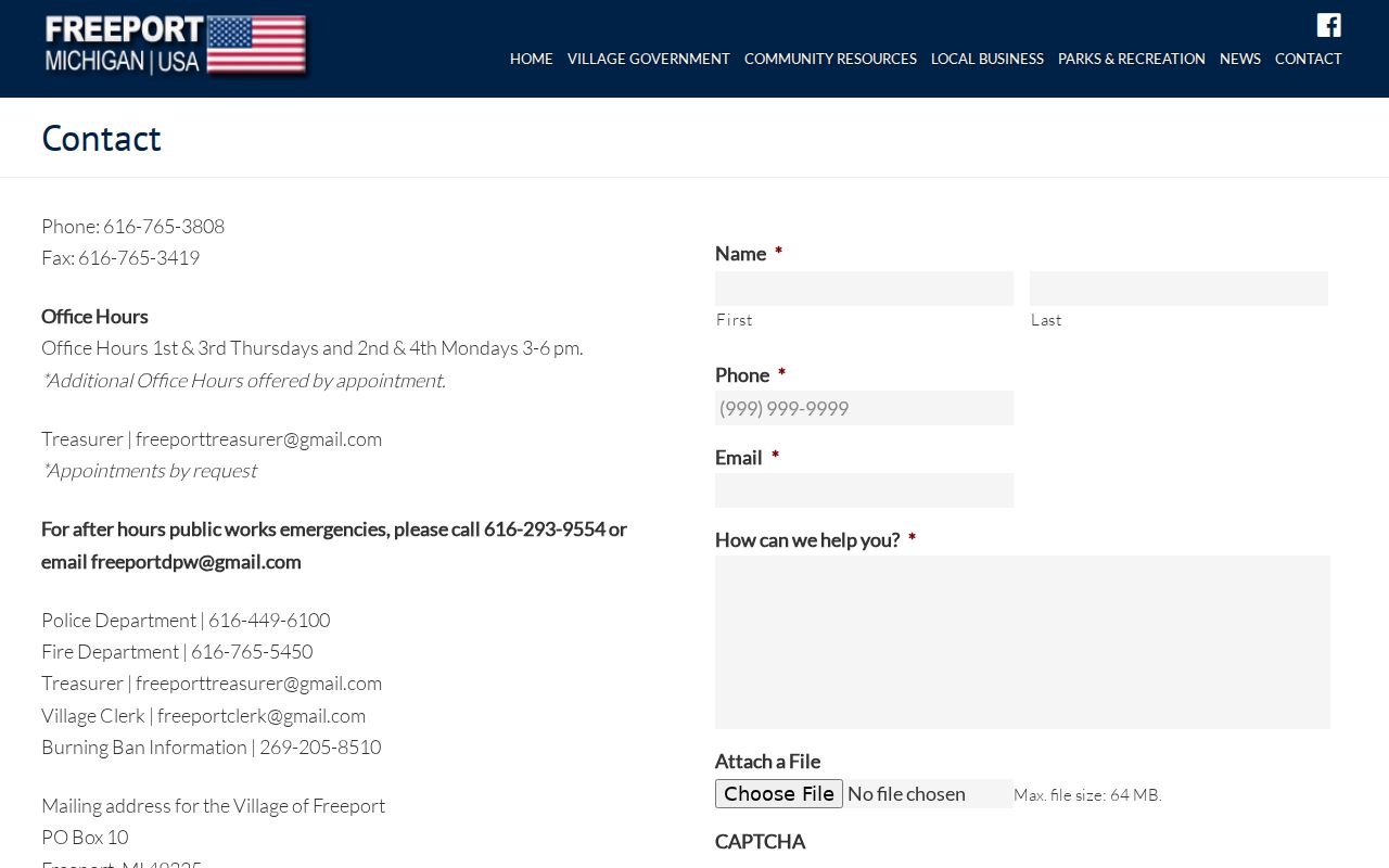 Freeport village contact page listing the police and clerk numbers