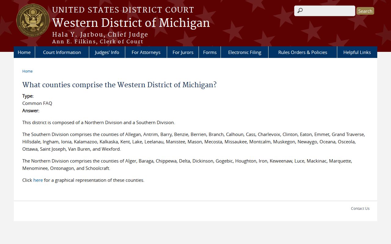 Western District of Michigan federal district and division map covering Barry County