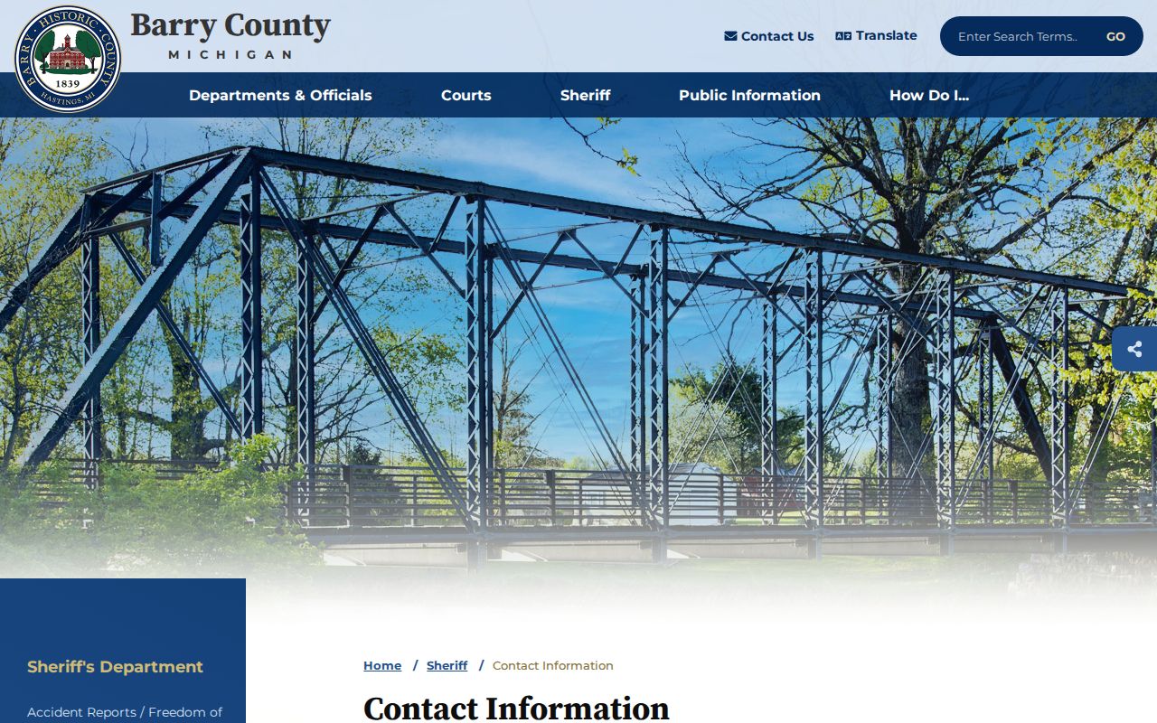 Barry County Sheriff business contact page for warrant record questions